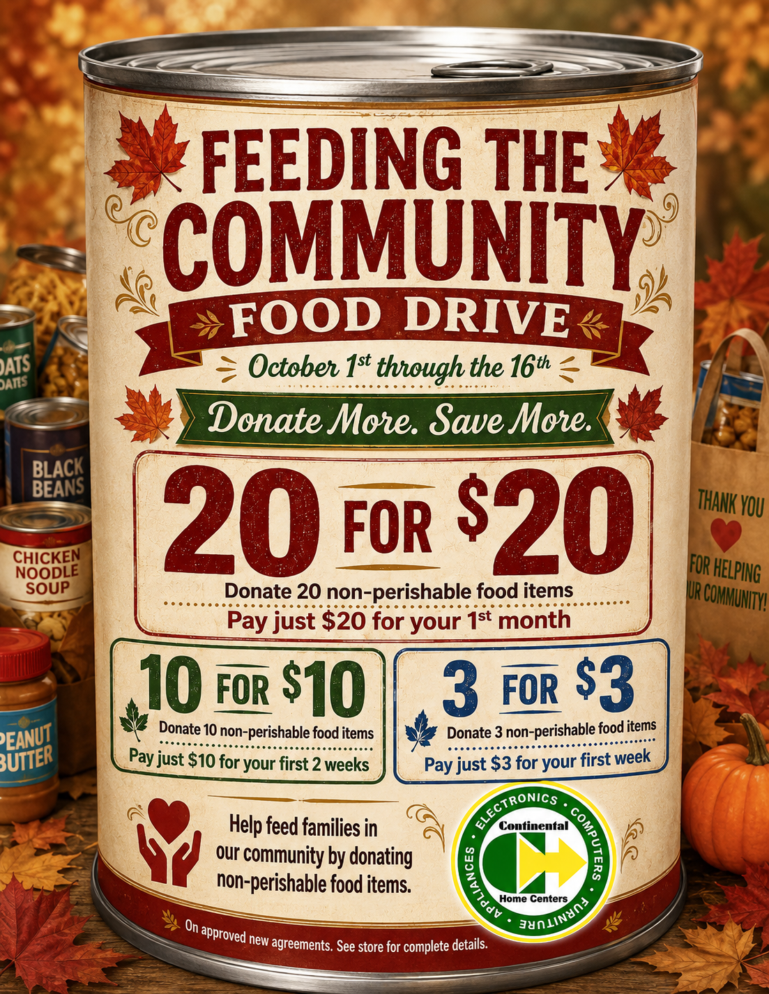 Food drive poster: donate 20 non-perishable items and pay $20 for your first month; donate 10 and pay $10 for your first two weeks; or donate 3 and pay $3 for your first week. October 1 through 16.