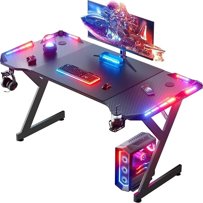 55 Inch Gaming Desk with LED Lights, Ergonomic Computer Gaming Table