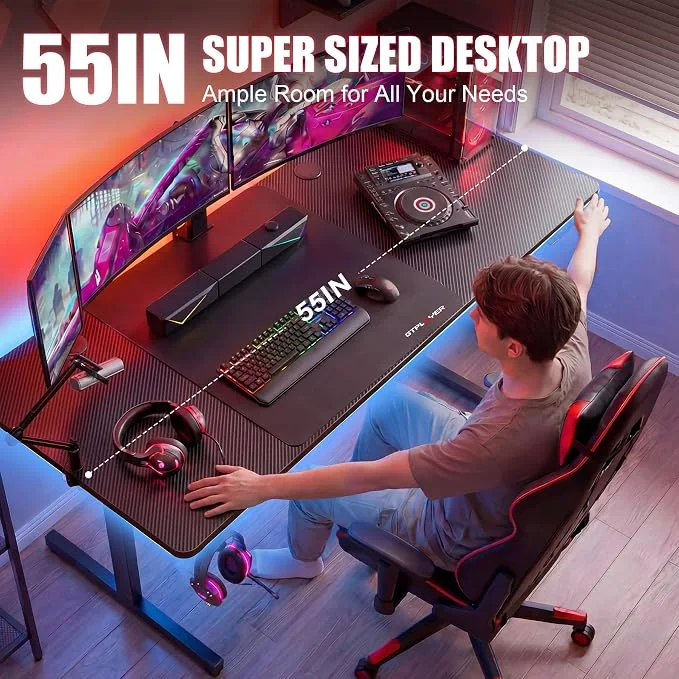 55 Inch Gaming Desk with LED Lights