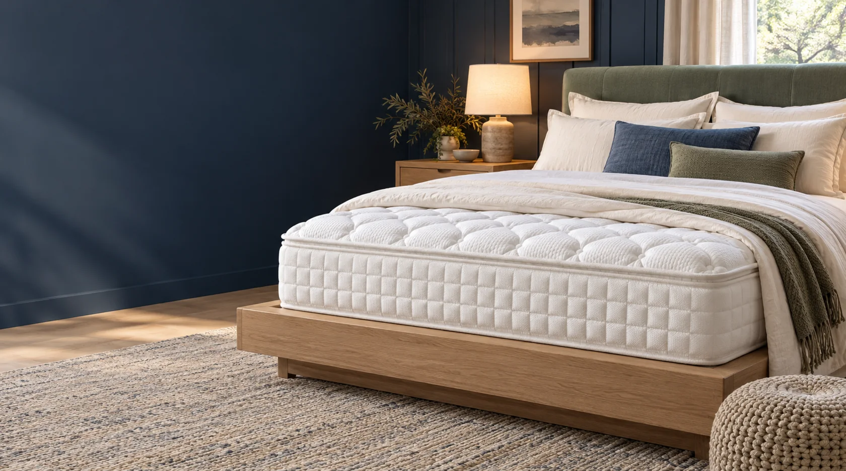 A welcoming bedroom with a quilted mattress and soft morning light