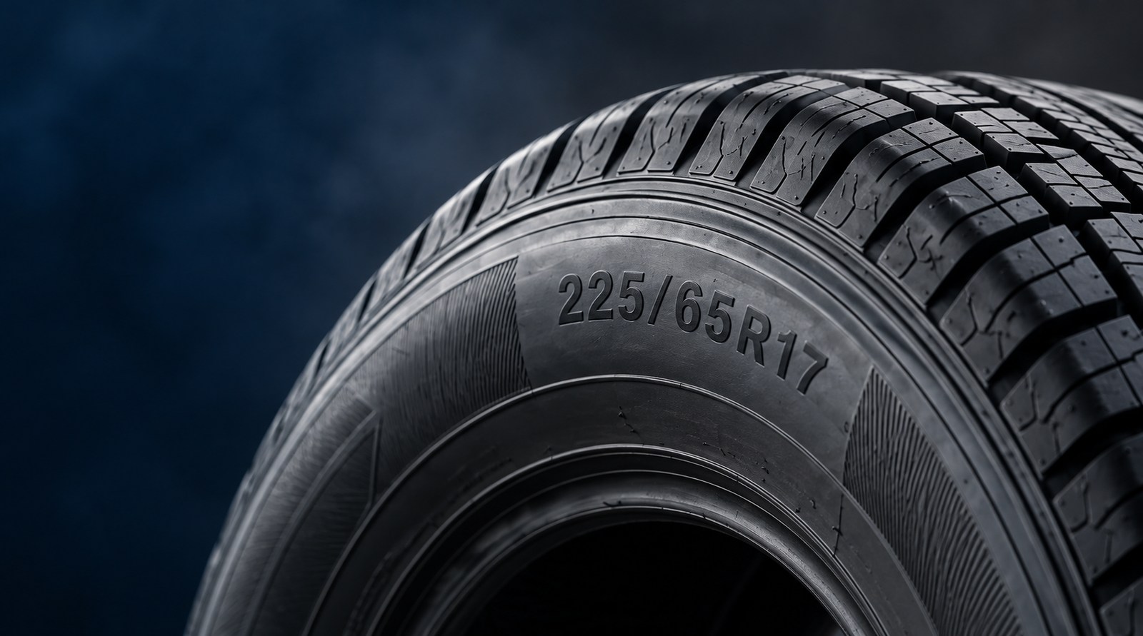 Close-up of a tire sidewall showing the example size 225/65R17.