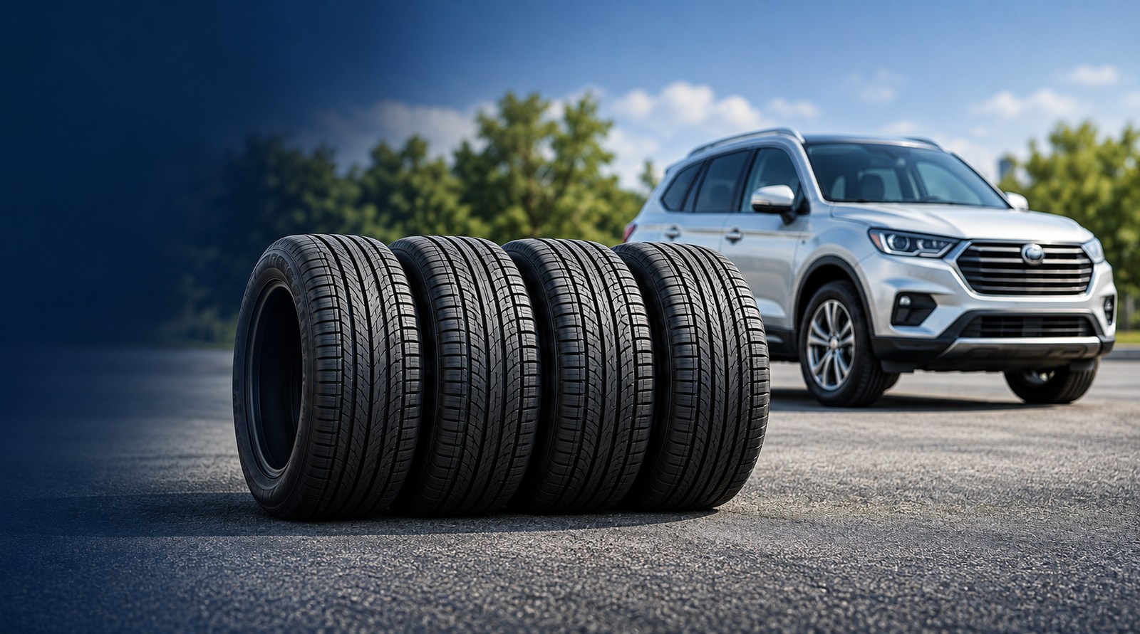 Four new tires with a silver SUV, representing rent-to-own tires for your vehicle.